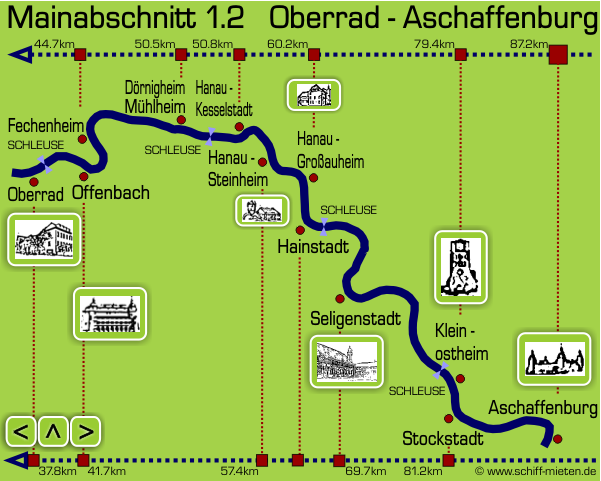 Main-Landkarte Mainlauf Aschaffenburg, Seligenstadt, Hanau, Offenbach bis Frankfurt-Oberrad